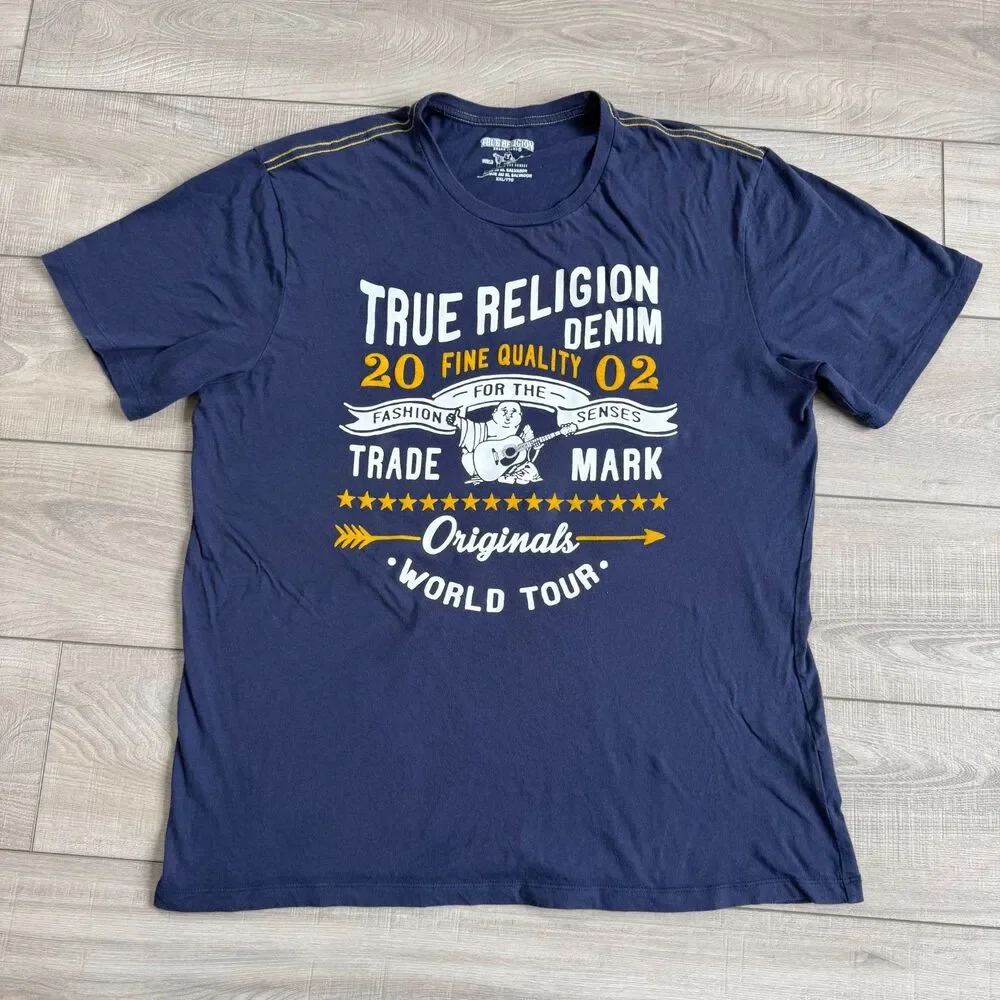 True Religion World Tour Graphic T shirts Navy Blue size XXL, short sleeve